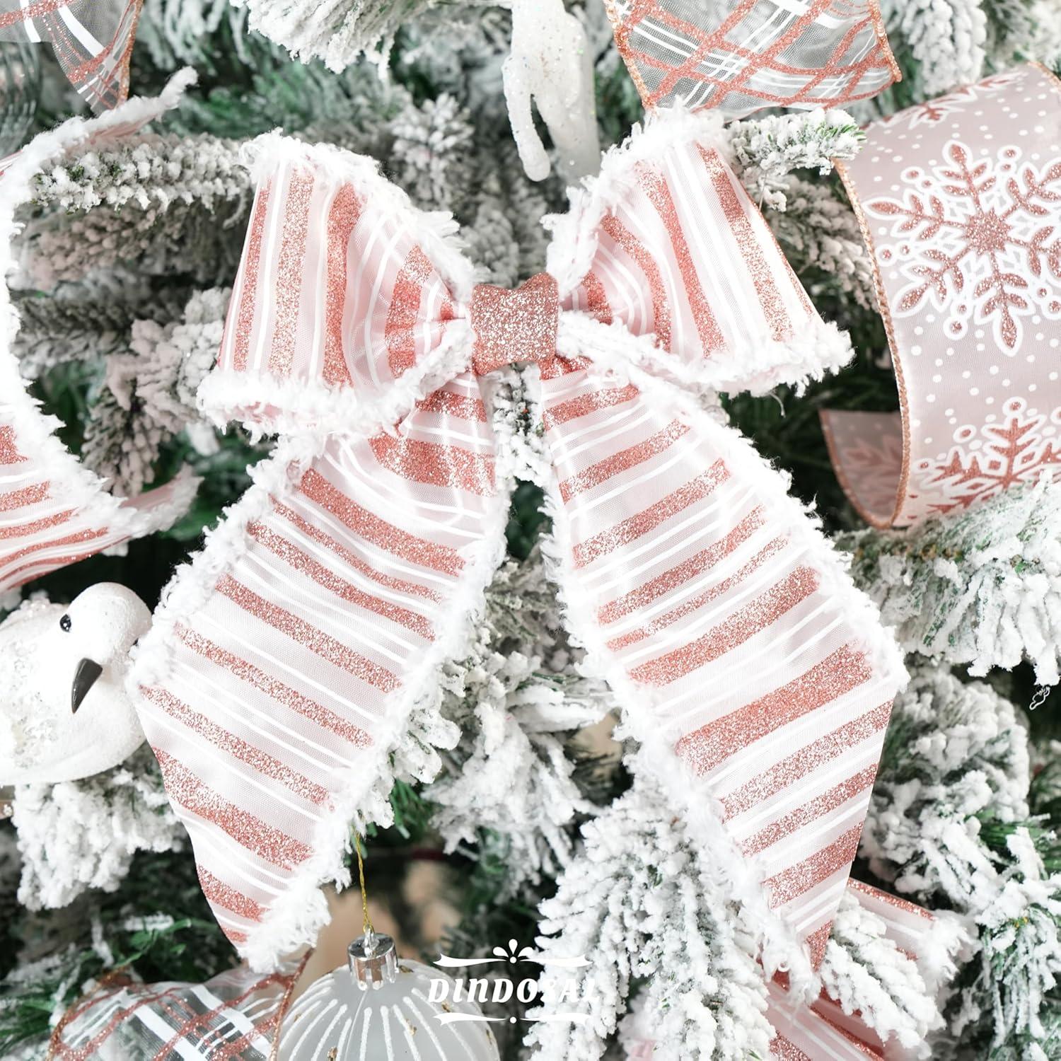 Cinta Navideña Rosa Dorada con Alambre DINDOSAL 6 Rollos 36 Yardas