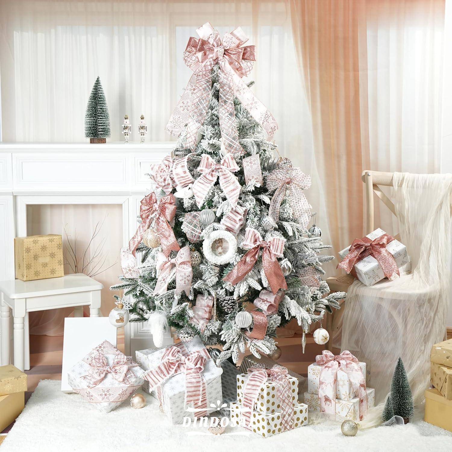 Cinta Navideña Rosa Dorada con Alambre DINDOSAL 6 Rollos 36 Yardas