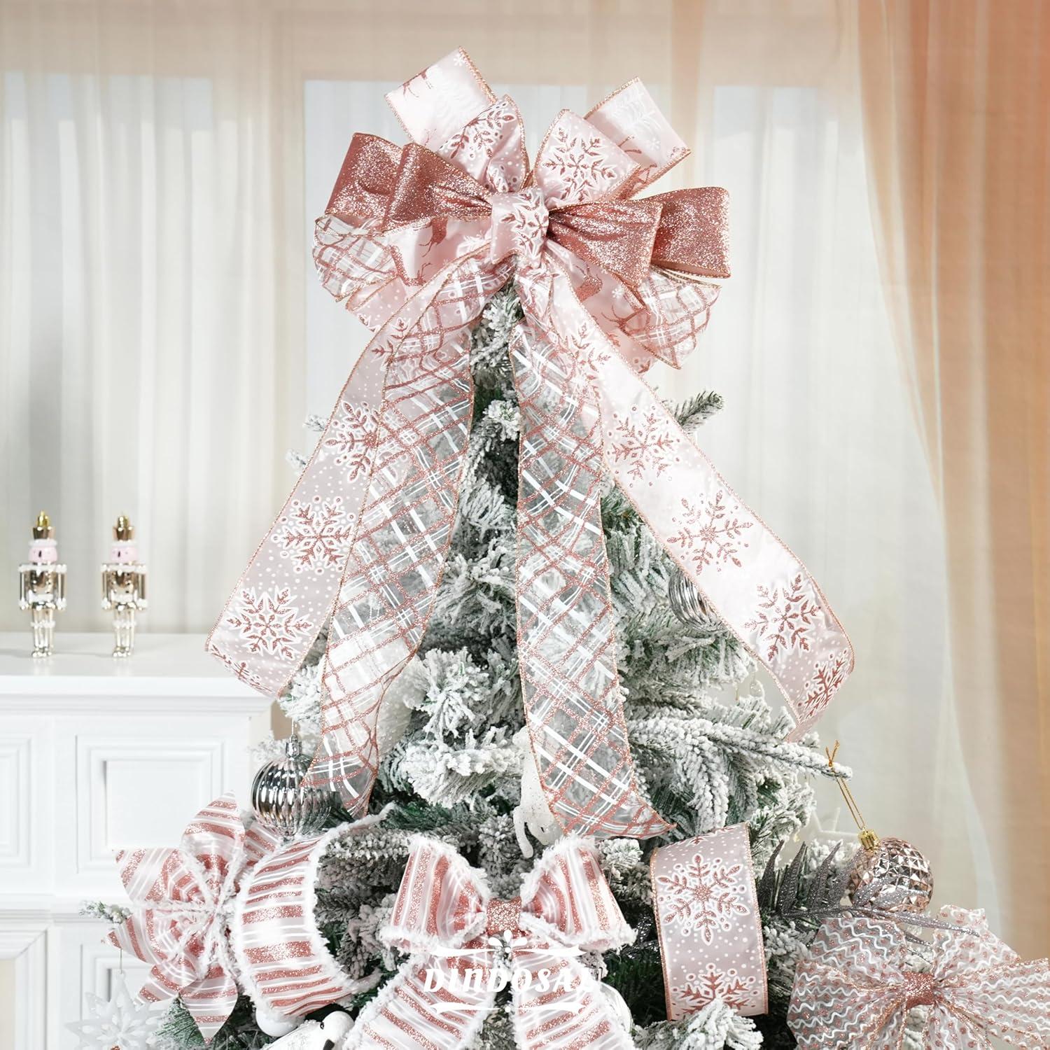 Cinta Navideña Rosa Dorada con Alambre DINDOSAL 6 Rollos 36 Yardas