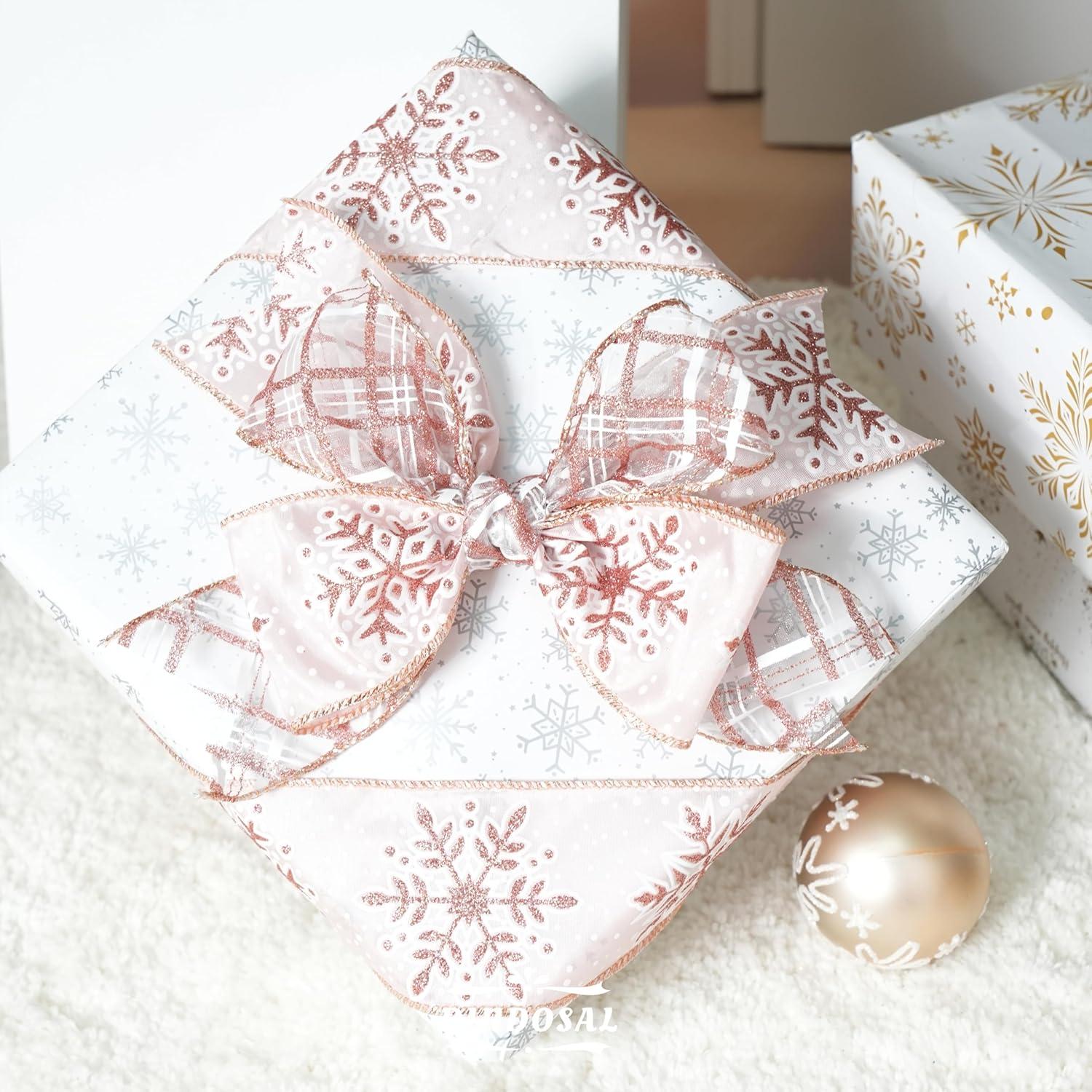 Cinta Navideña Rosa Dorada con Alambre DINDOSAL 6 Rollos 36 Yardas