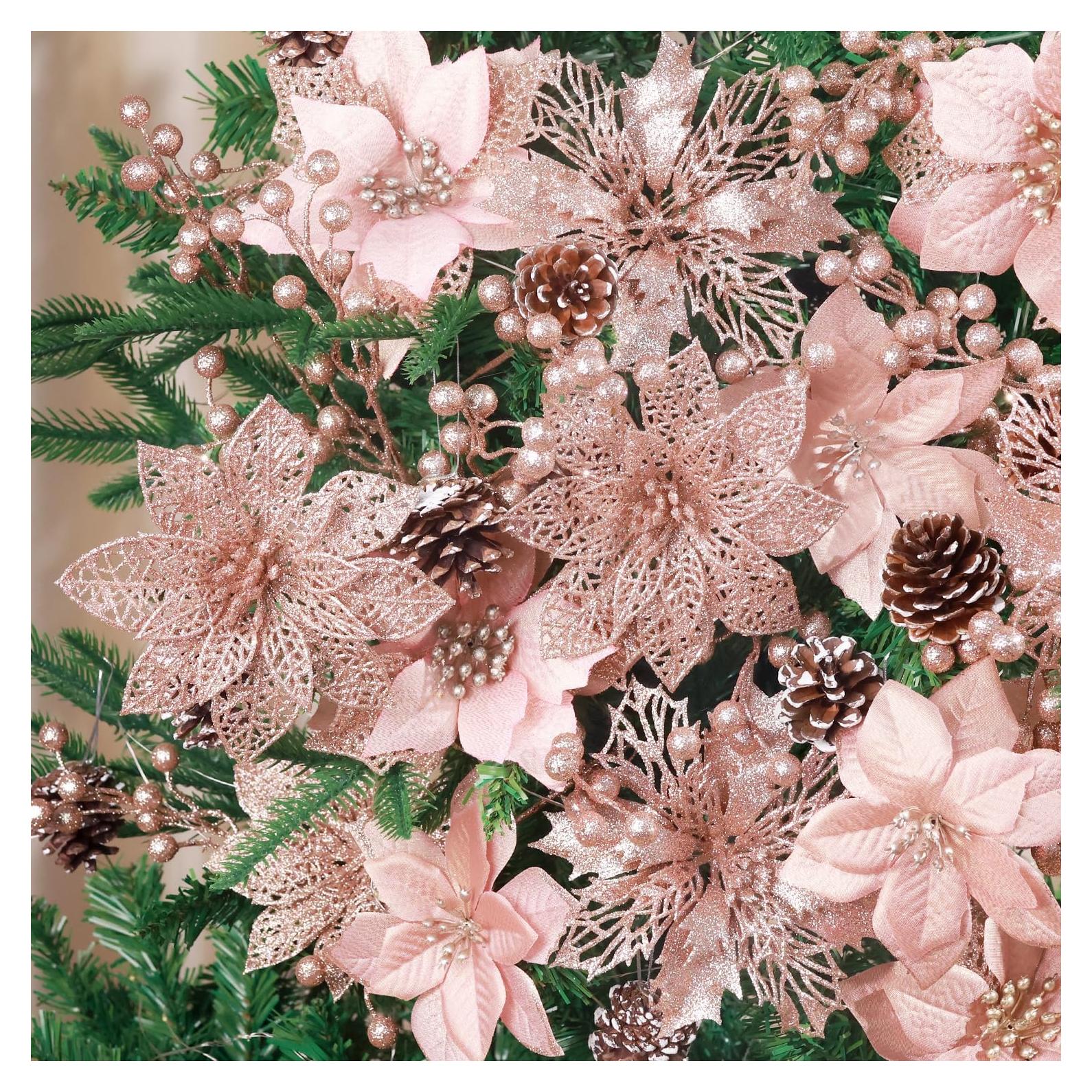 56 Piezas Decoración Navidad Hommtina Flores Poinsettia Oro Rosa