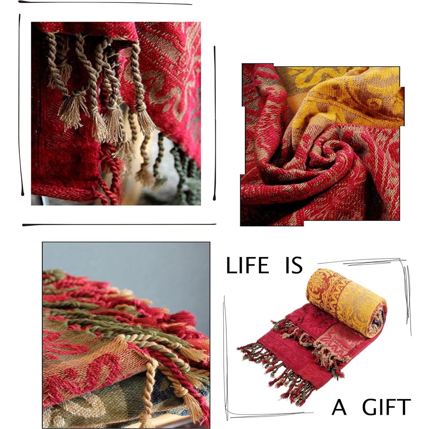 Manta Boho Edcooy Chenille Jacquard 152x191 cm Roja con Borlas