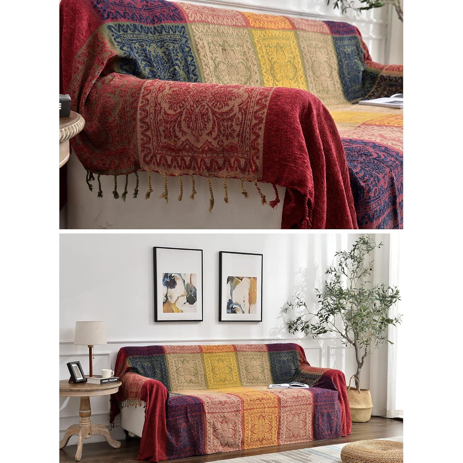 Manta Boho Edcooy Chenille Jacquard 152x191 cm Roja con Borlas