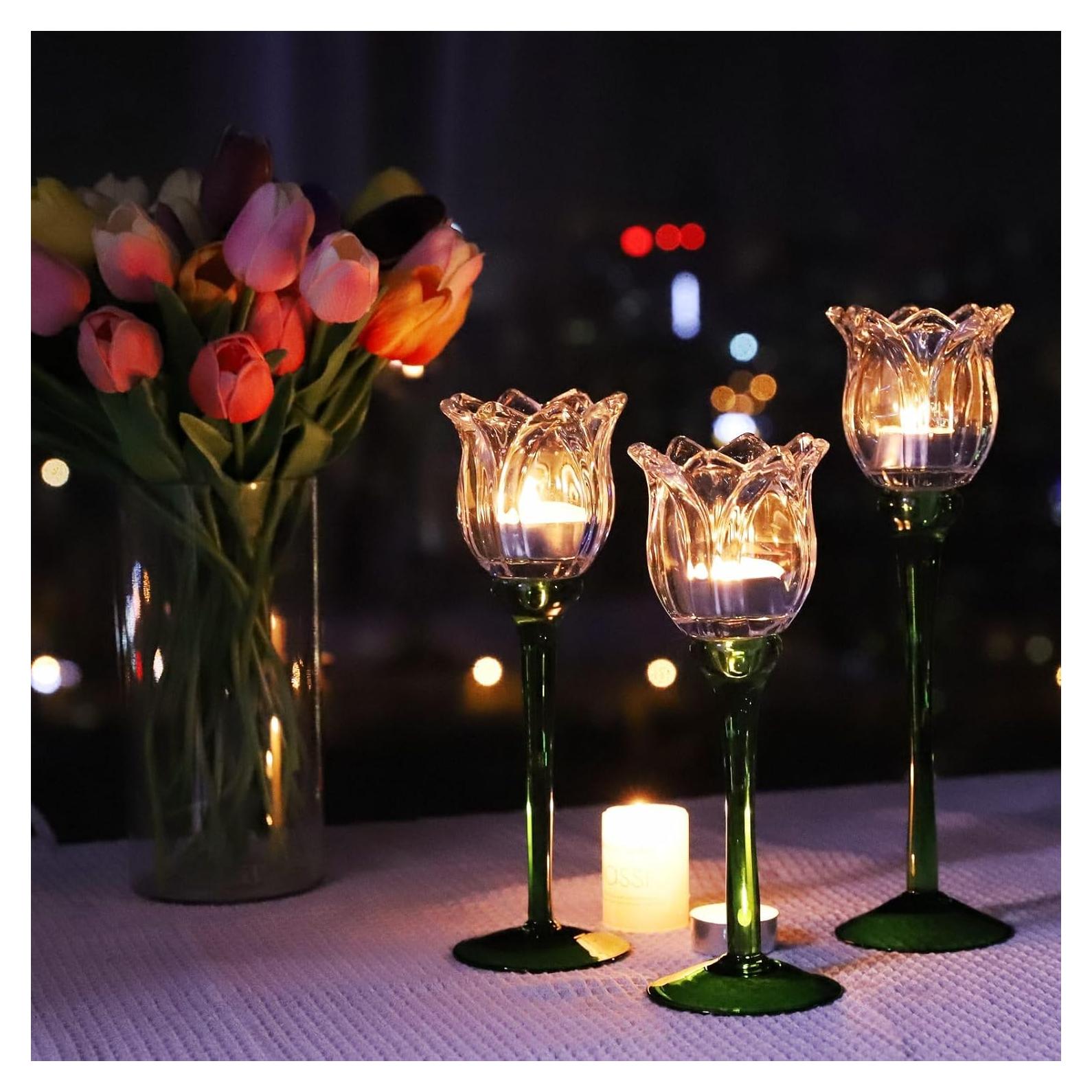 Soporte de Vela de Cristal Claro VOHO Tulipán 3 Piezas