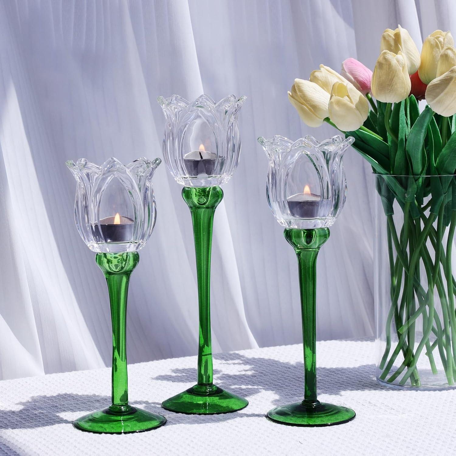 Soporte de Vela de Cristal Claro VOHO Tulipán 3 Piezas