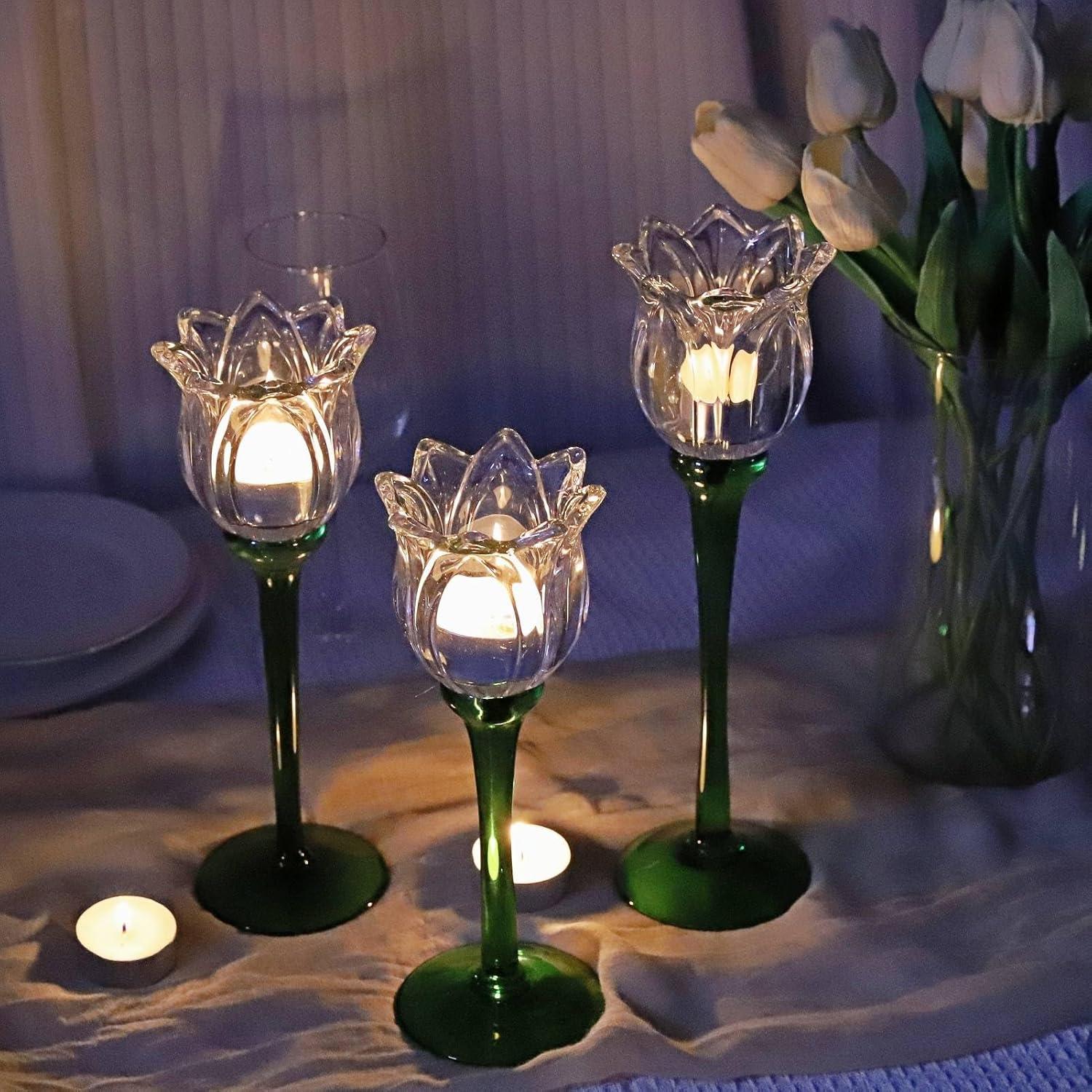 Soporte de Vela de Cristal Claro VOHO Tulipán 3 Piezas