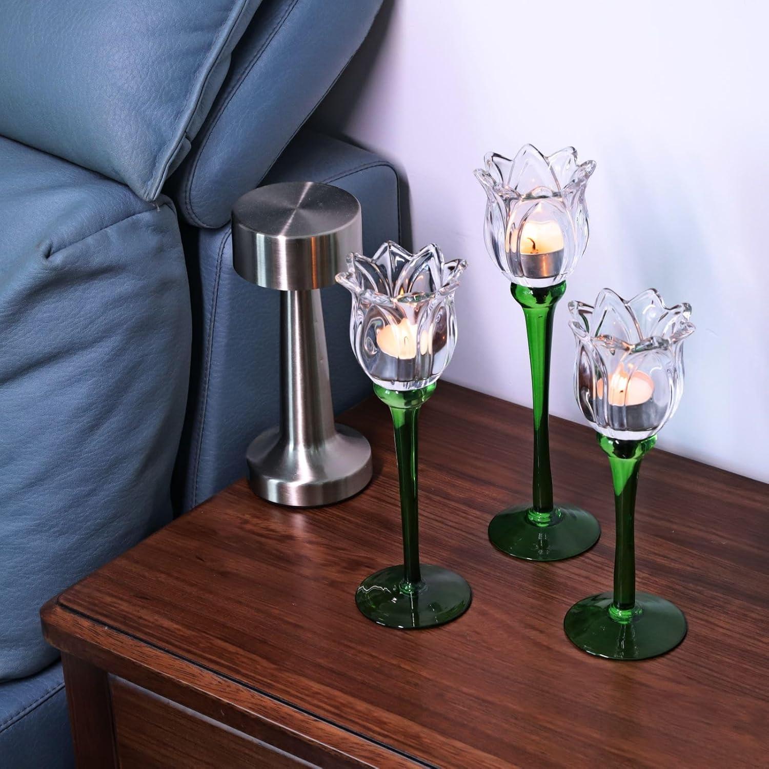 Soporte de Vela de Cristal Claro VOHO Tulipán 3 Piezas