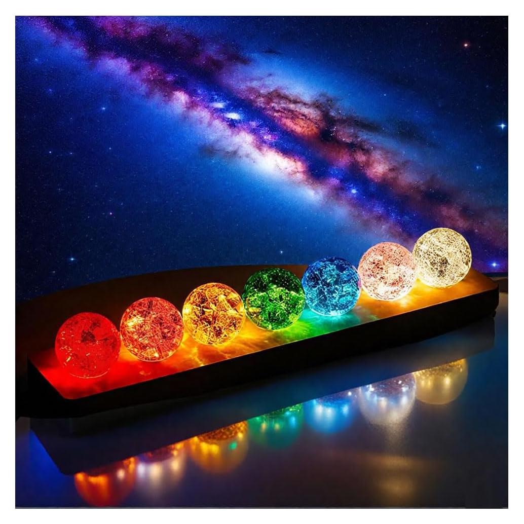 Juego de 7 Bolas de Cristal Chakra 40mm con Base de Madera LED