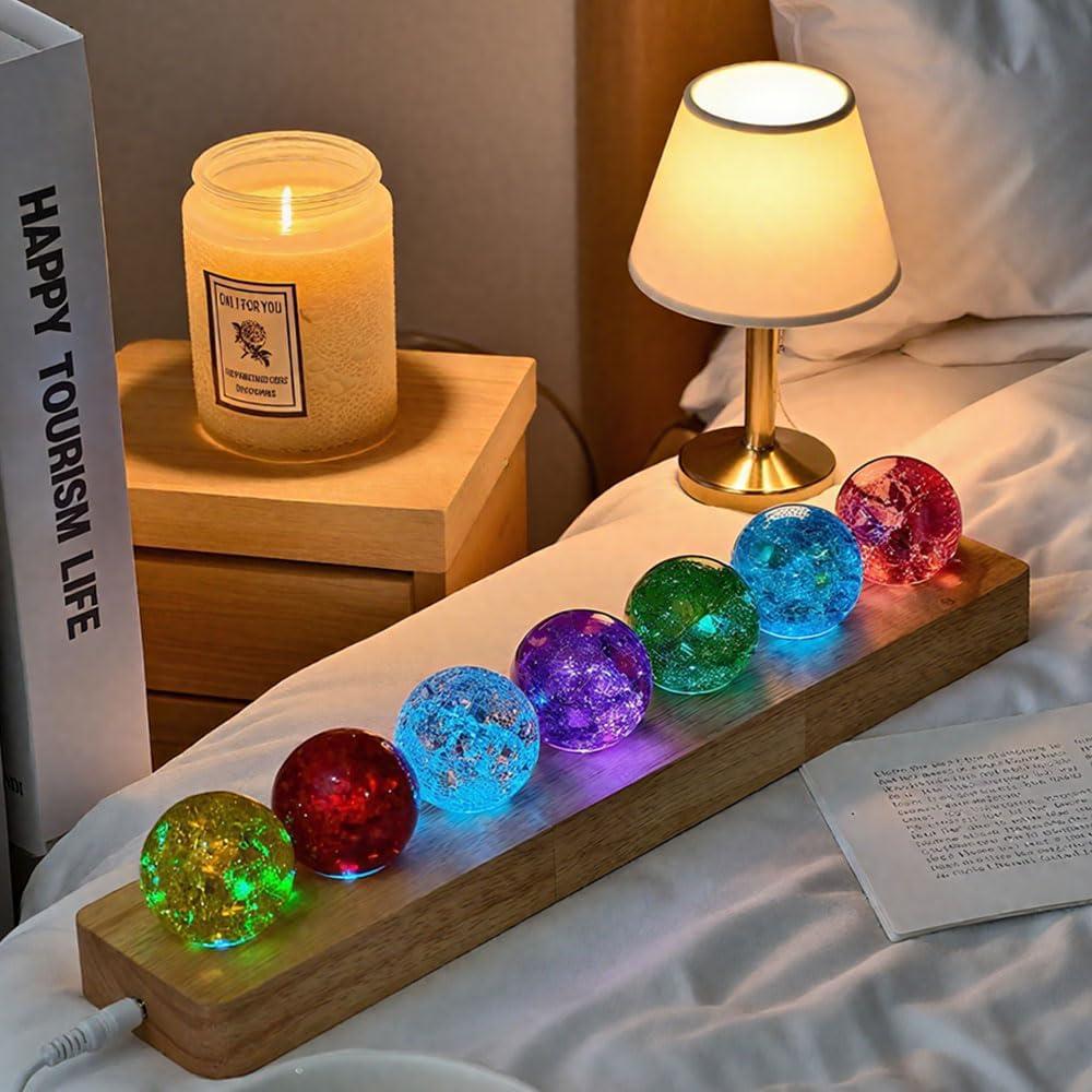Juego de 7 Bolas de Cristal Chakra 40mm con Base de Madera LED
