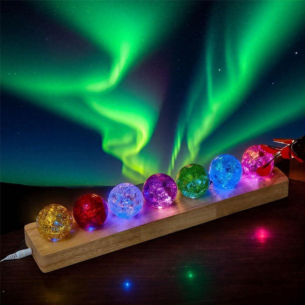 Juego de 7 Bolas de Cristal Chakra 40mm con Base de Madera LED