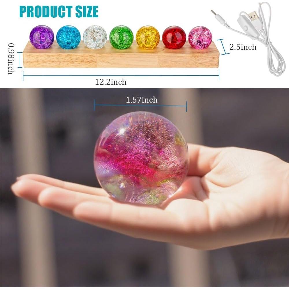 Juego de 7 Bolas de Cristal Chakra 40mm con Base de Madera LED