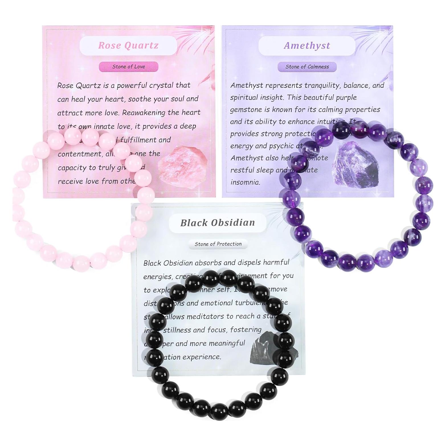 Juego de 3 Pulseras de Cuentas de Cristal Natural Clearain