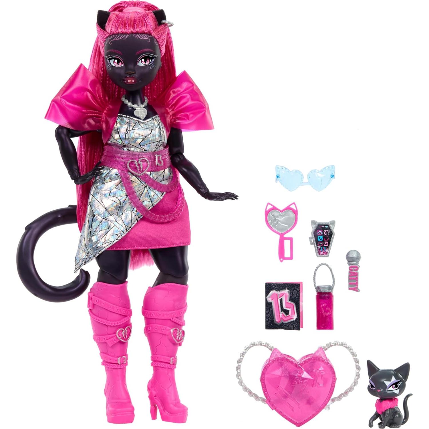 Muñeca Catty Noir Monster High con gato Amulette y accesorios