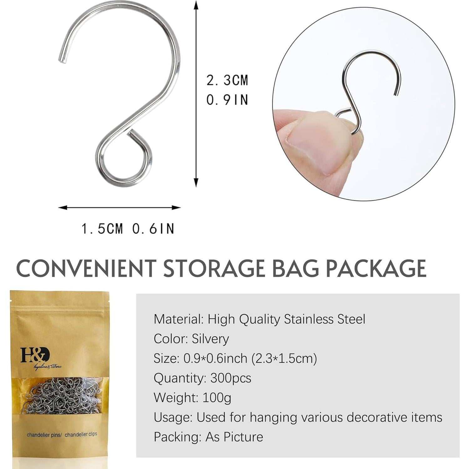 300 Ganchos en S de Acero Inoxidable H&D para Manualidades