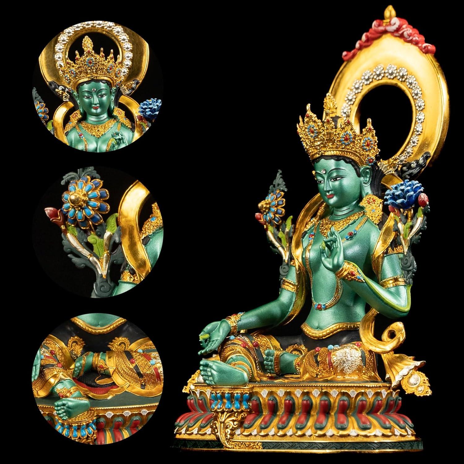 Estatua de Buda Green Tara AksharaPadma 14 cm Cobre Pintada a Mano