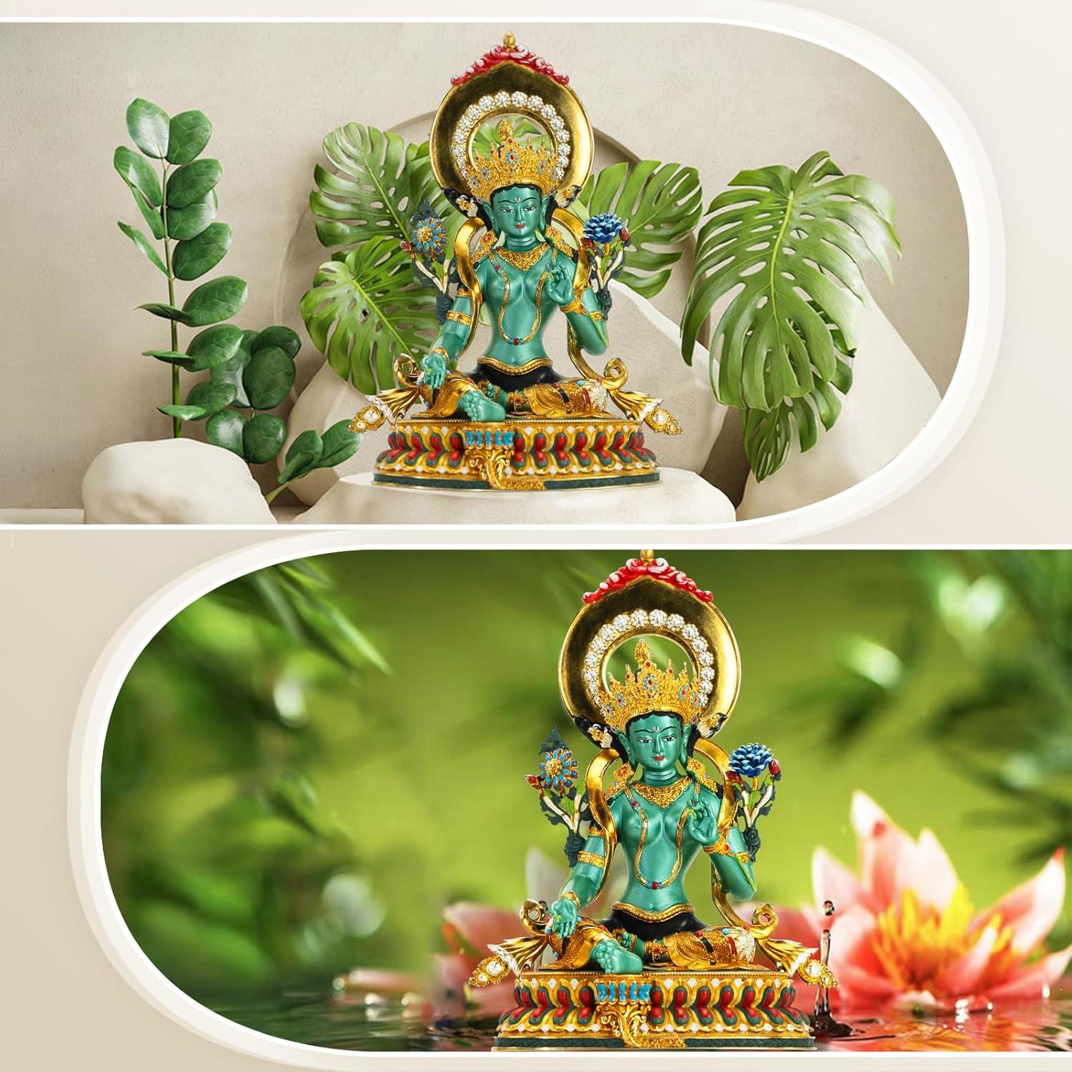 Estatua de Buda Green Tara AksharaPadma 14 cm Cobre Pintada a Mano