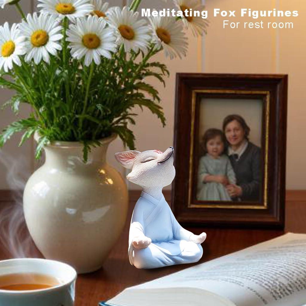 Estatua Zorro Buda Meditador Qifuyeah 12 cm Resina Blanca