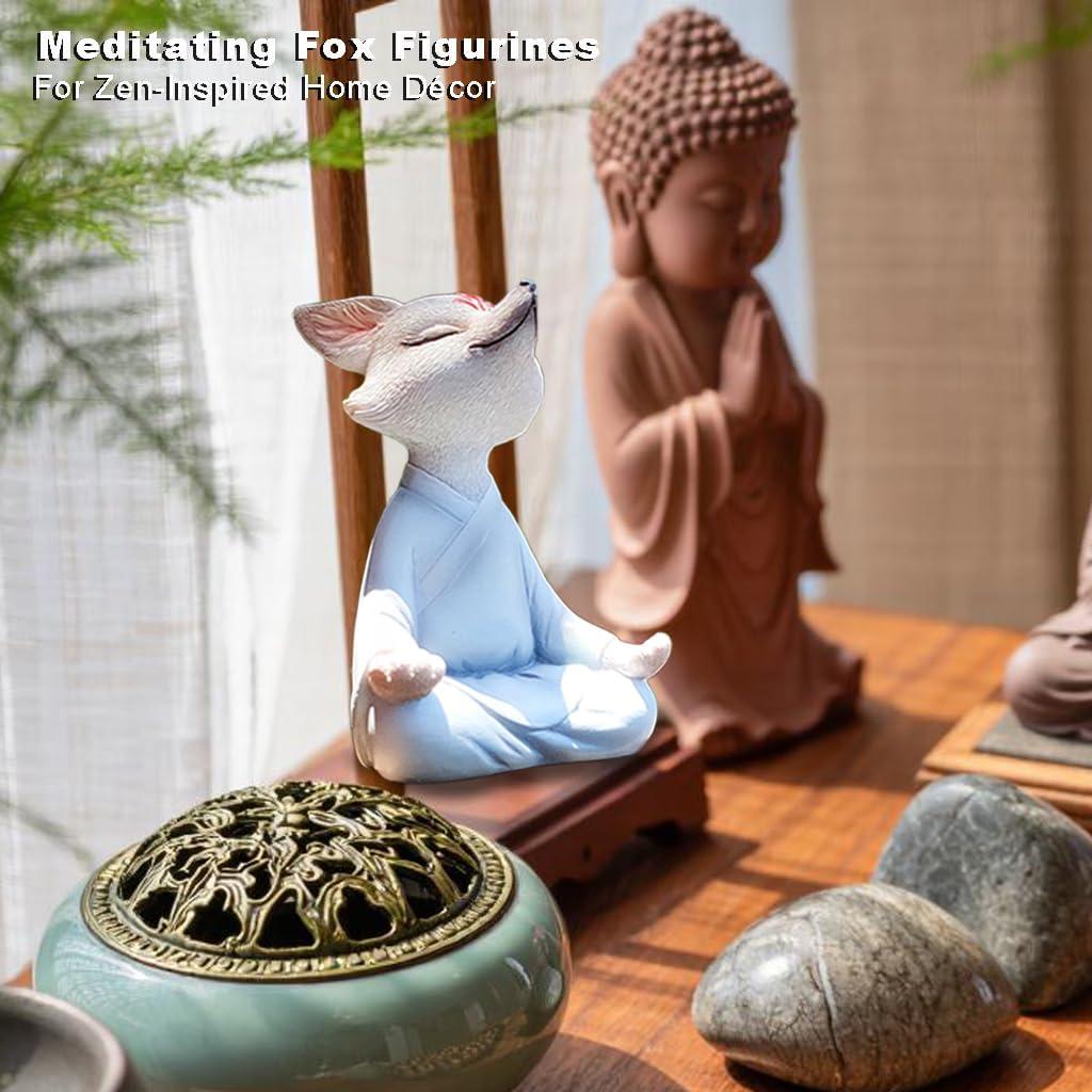 Estatua Zorro Buda Meditador Qifuyeah 12 cm Resina Blanca