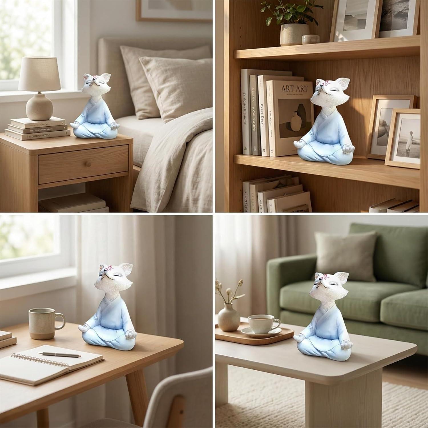 Estatua Zorro Buda Meditador Qifuyeah 12 cm Resina Blanca