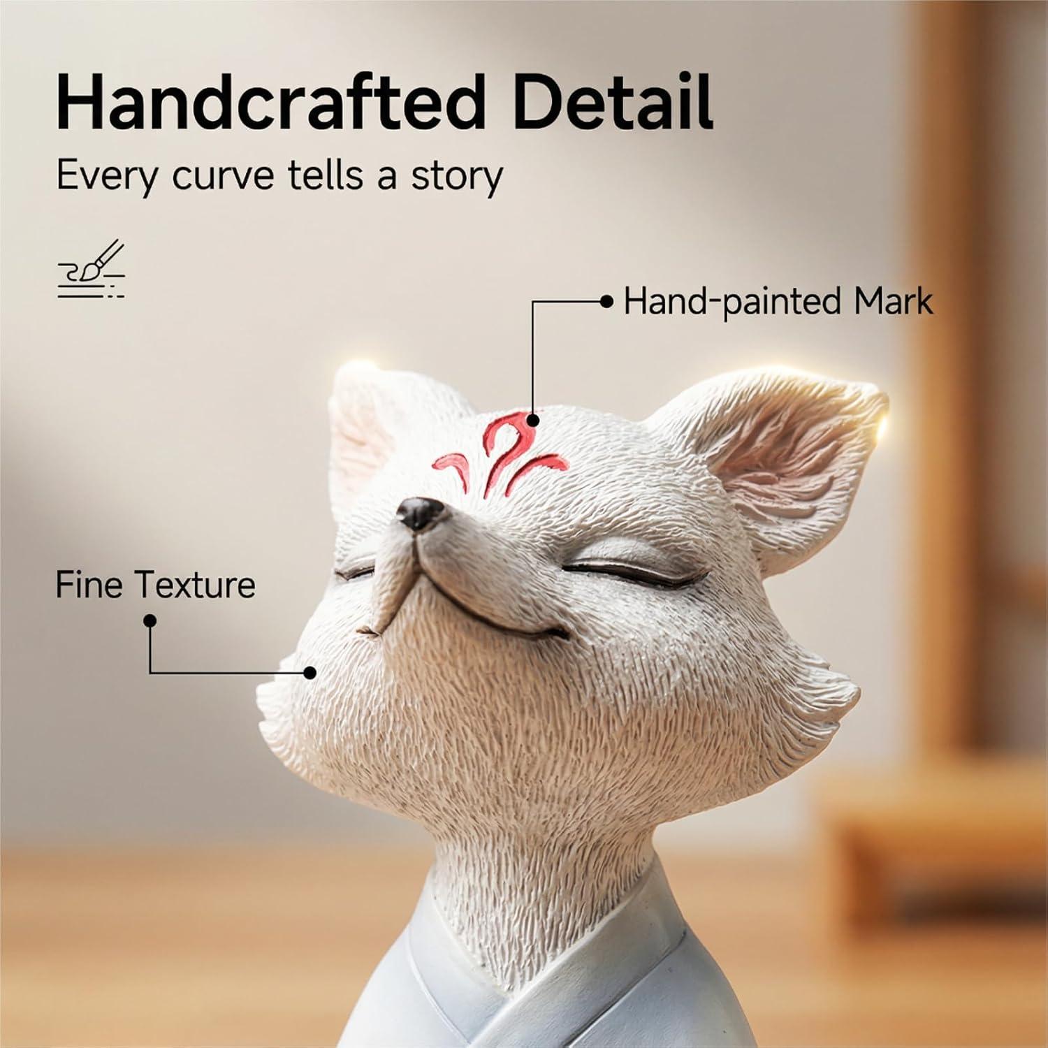 Estatua Zorro Buda Meditador Qifuyeah 12 cm Resina Blanca