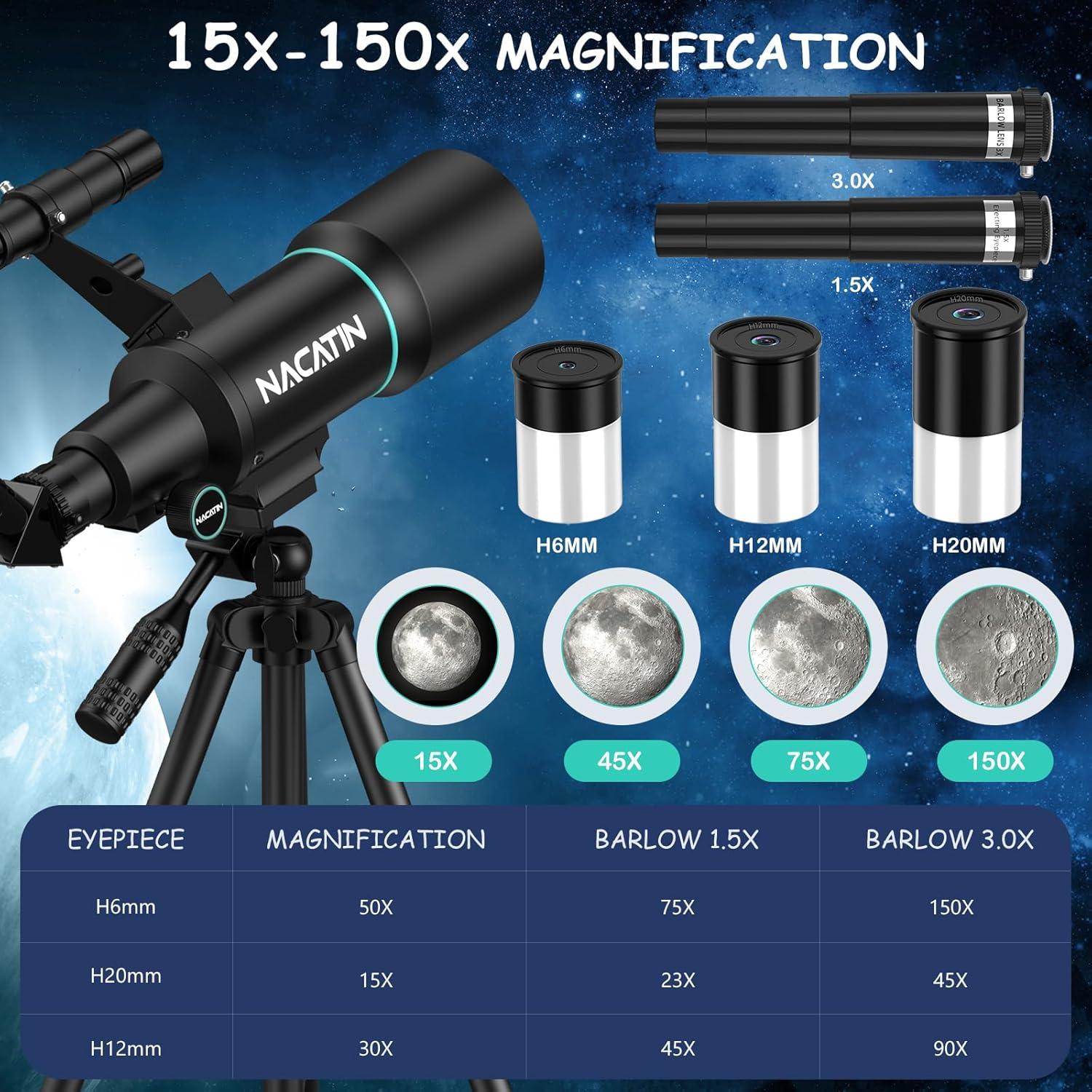 Telescopio NACATIN 70mm Refractor 300mm Aumento 15x-150x