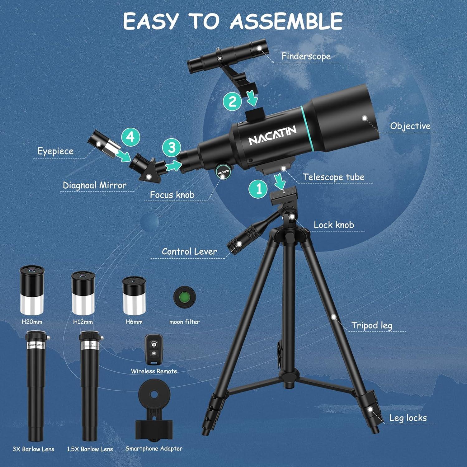 Telescopio NACATIN 70mm Refractor 300mm Aumento 15x-150x