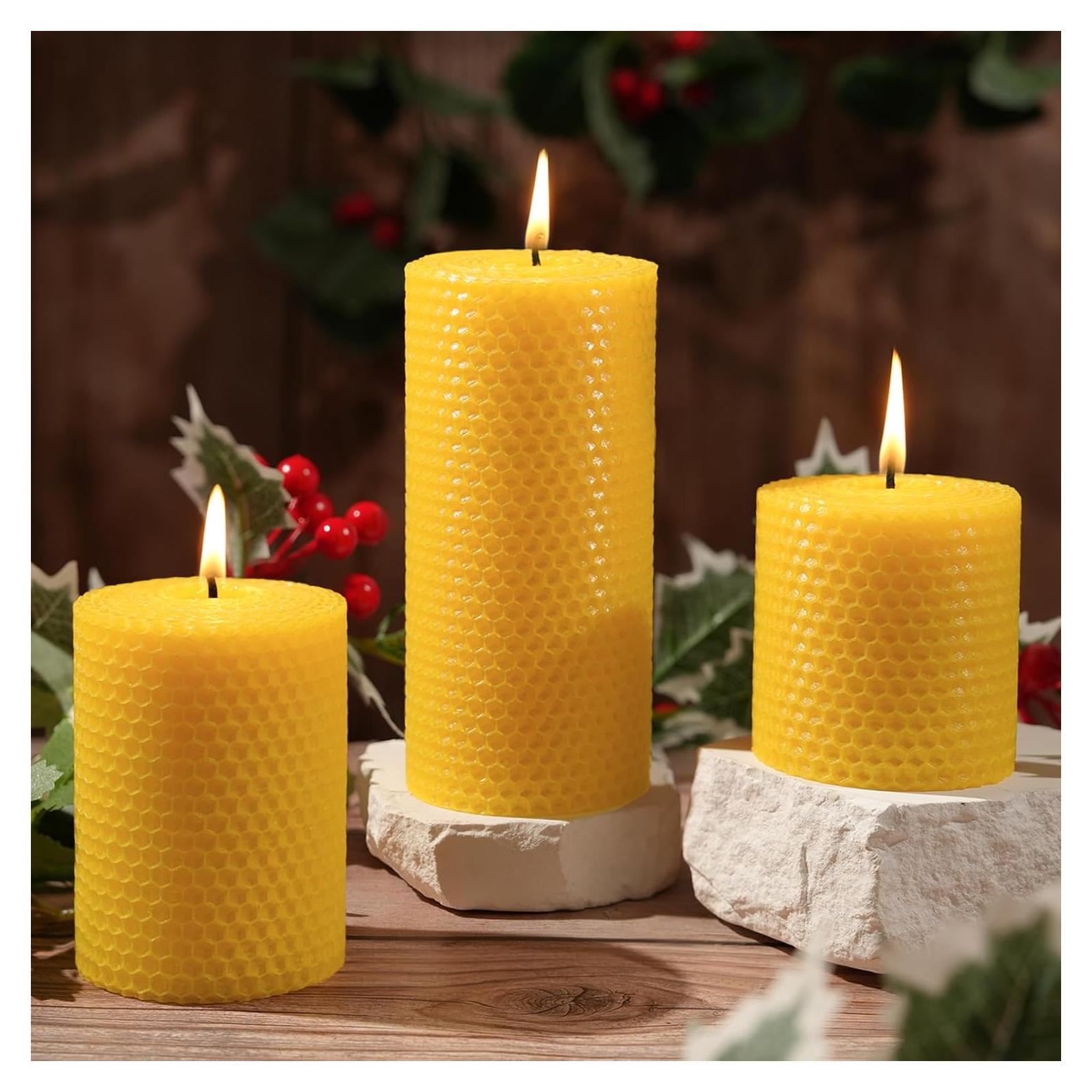 Juego de 3 Velas de Cera de Abeja Natural 100% Pura - 100 Horas