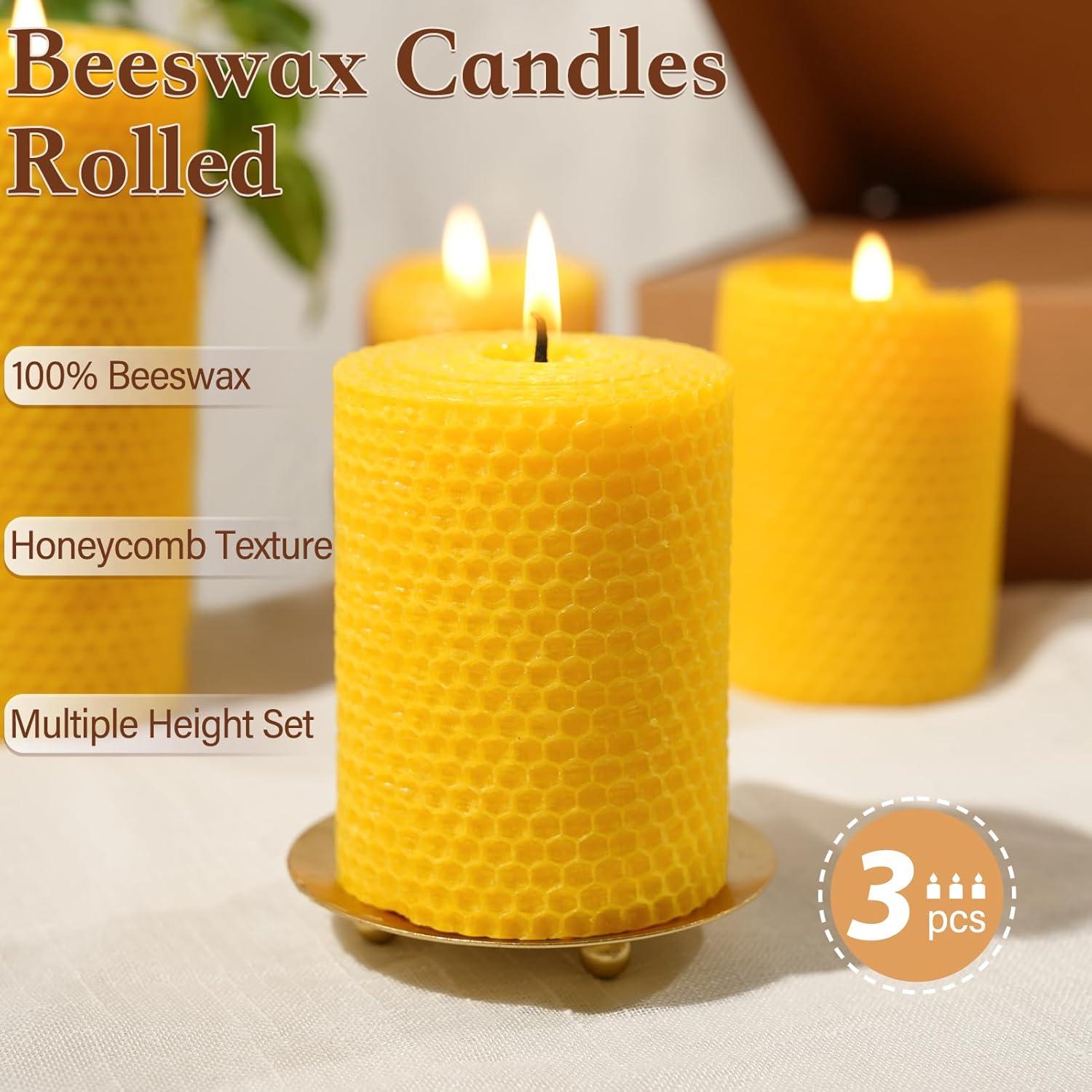 Juego de 3 Velas de Cera de Abeja Natural 100% Pura - 100 Horas
