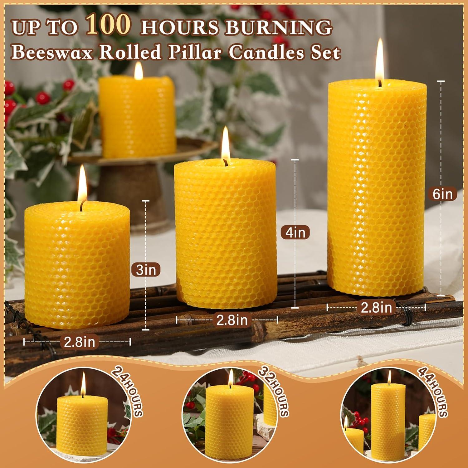 Juego de 3 Velas de Cera de Abeja Natural 100% Pura - 100 Horas