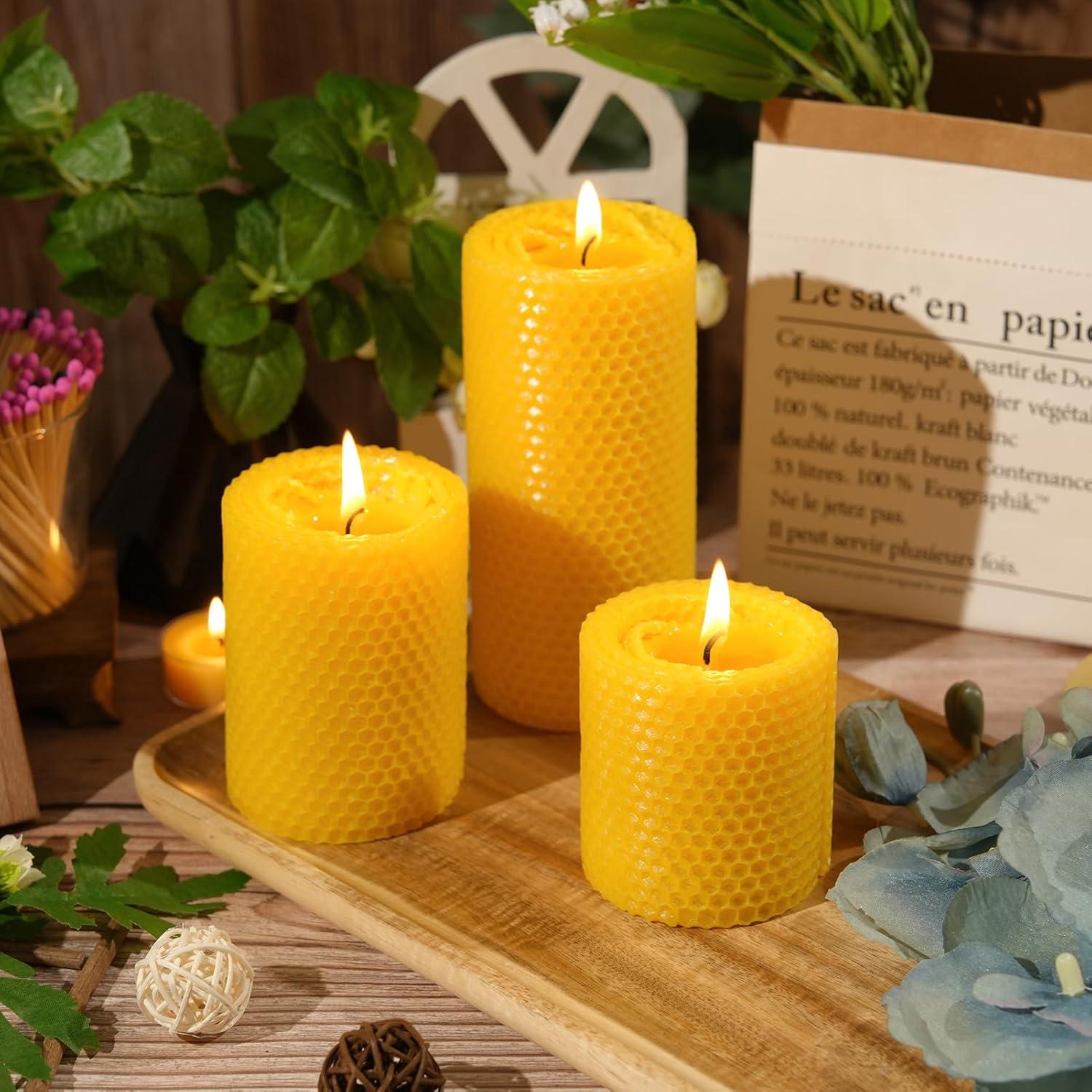 Juego de 3 Velas de Cera de Abeja Natural 100% Pura - 100 Horas