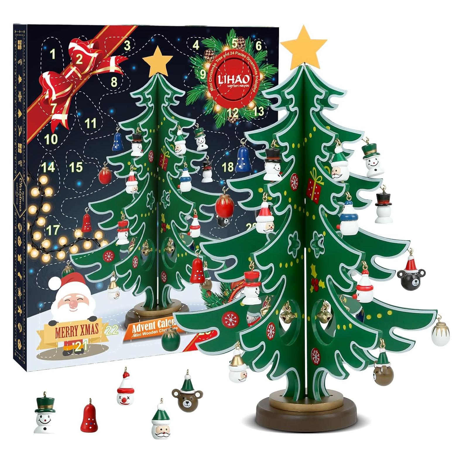 Calendario de Adviento LIHAO de Madera con 24 Adornos Navideños
