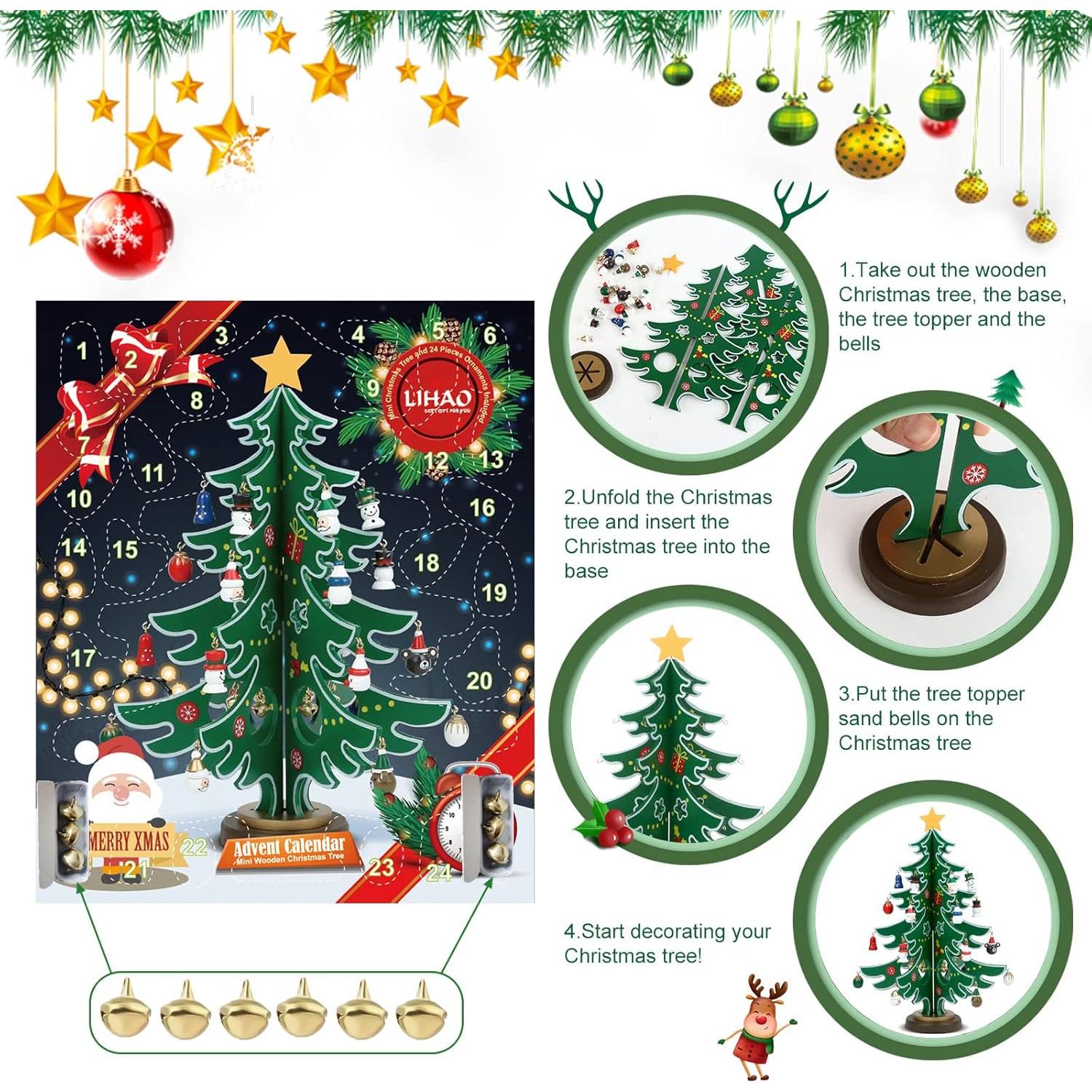 Calendario de Adviento LIHAO de Madera con 24 Adornos Navideños