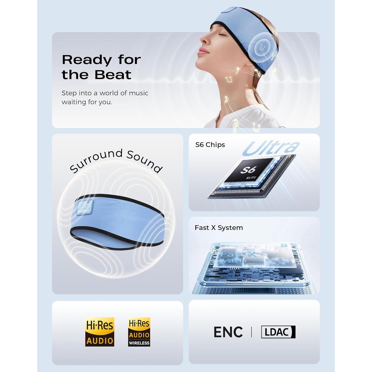 Auriculares Inalámbricos MUSICOZY Banda de Algodón de Bambú Azul