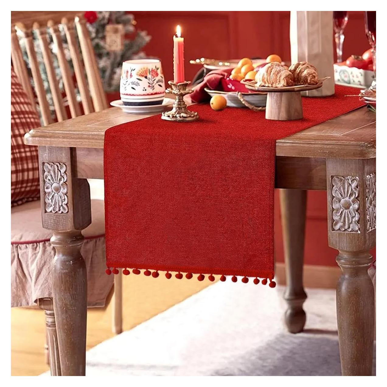 Camino de Mesa de Yute Rojo 14x274 cm con Pom Pom - Navidad