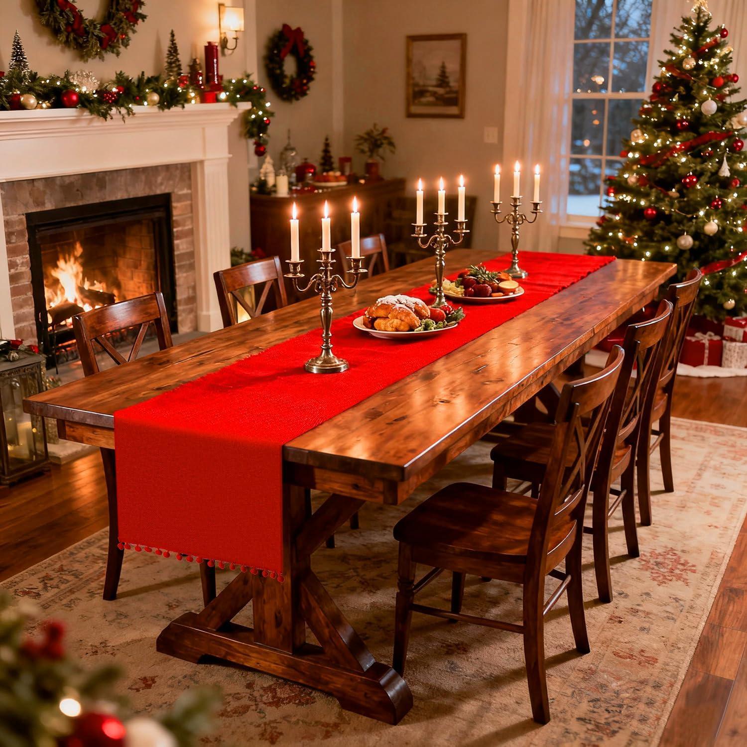 Camino de Mesa de Yute Rojo 14x274 cm con Pom Pom - Navidad