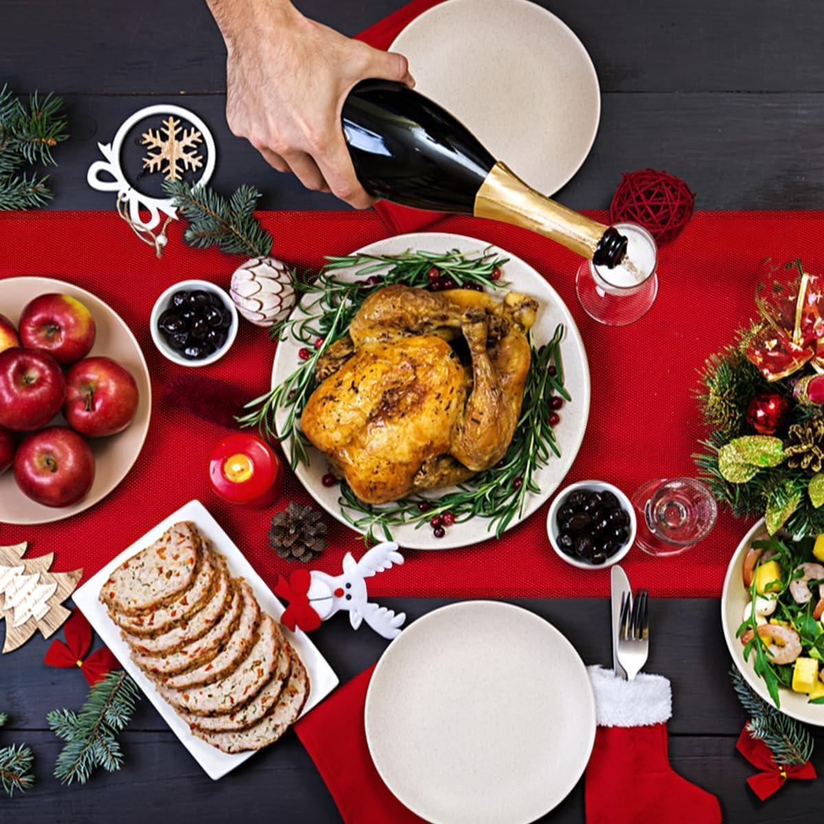 Camino de Mesa de Yute Rojo 14x274 cm con Pom Pom - Navidad