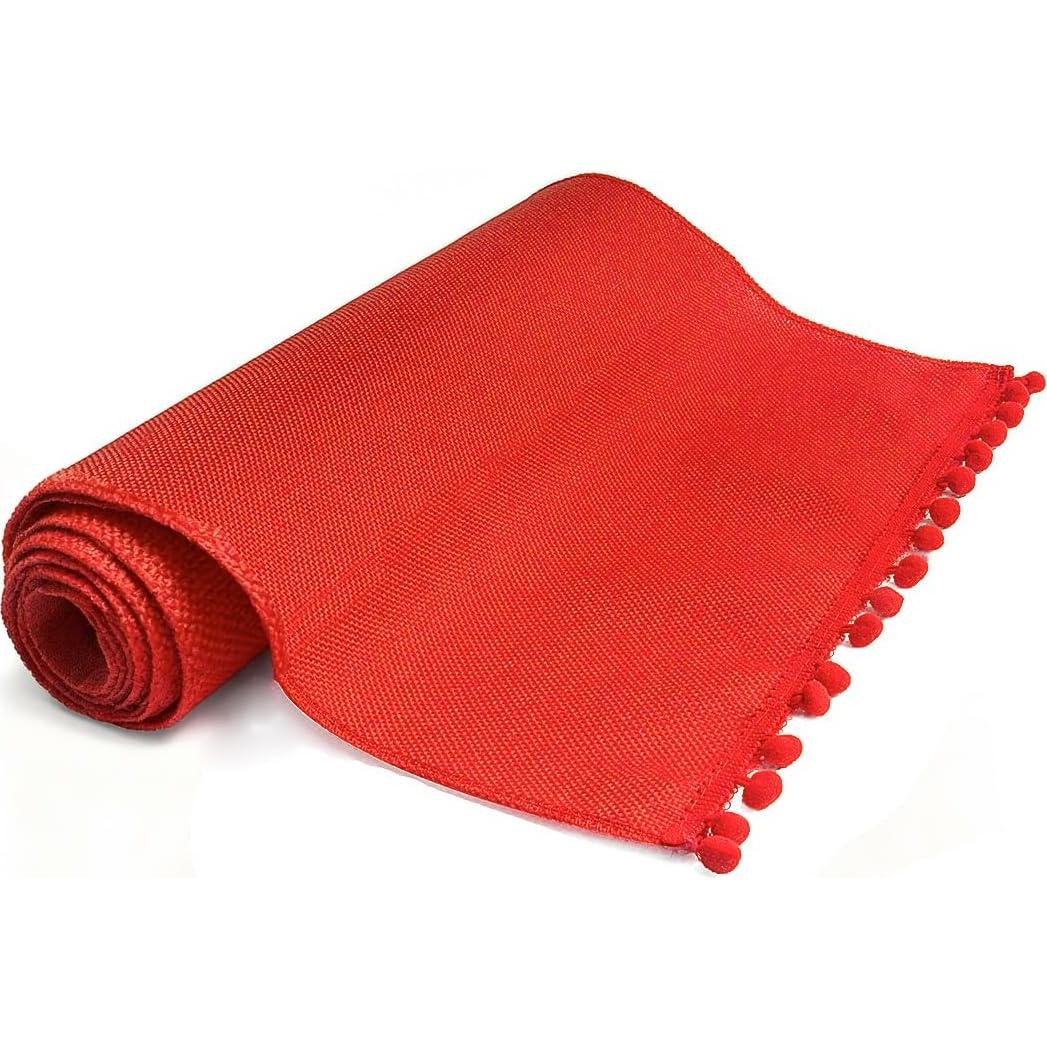 Camino de Mesa de Yute Rojo 14x274 cm con Pom Pom - Navidad