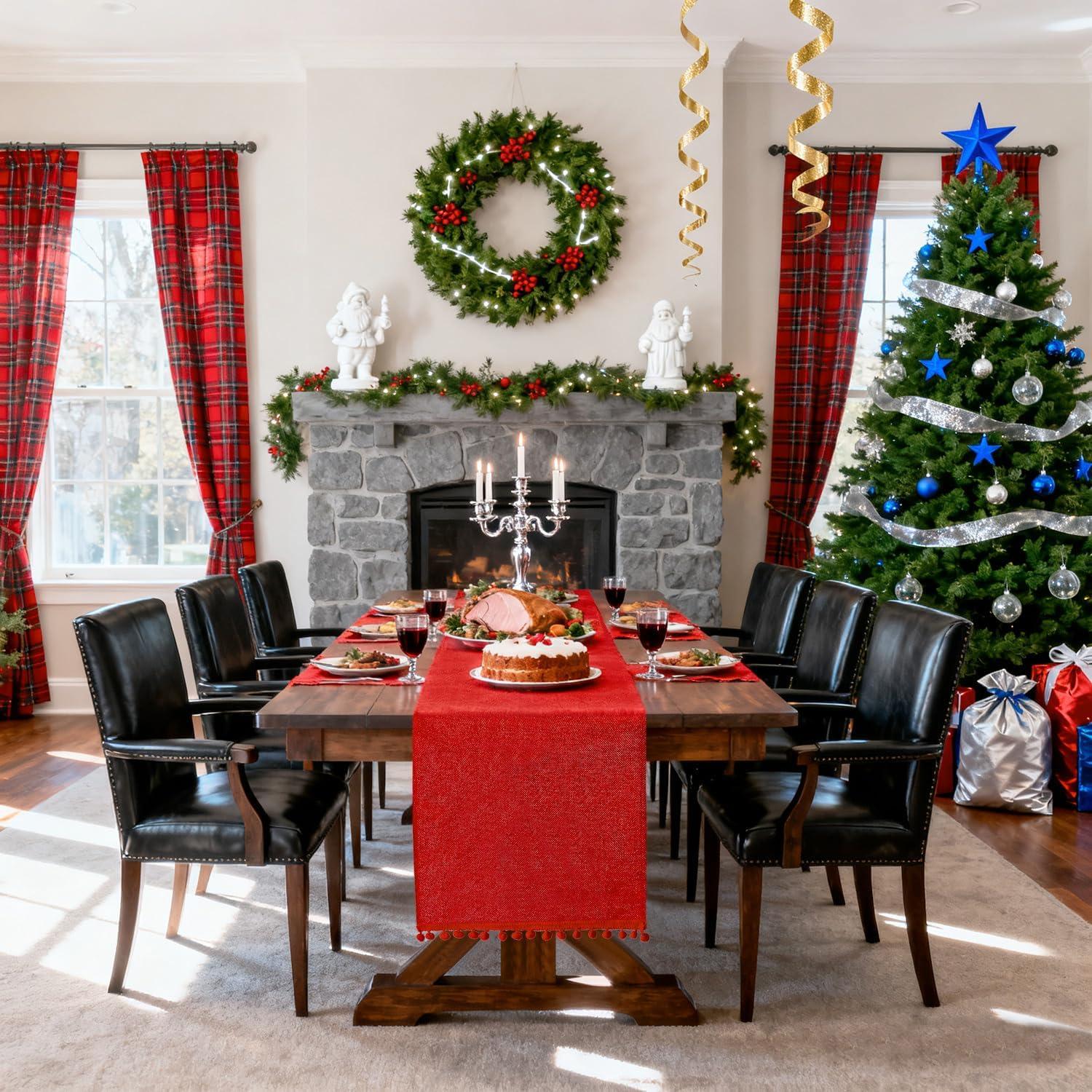 Camino de Mesa de Yute Rojo 14x274 cm con Pom Pom - Navidad