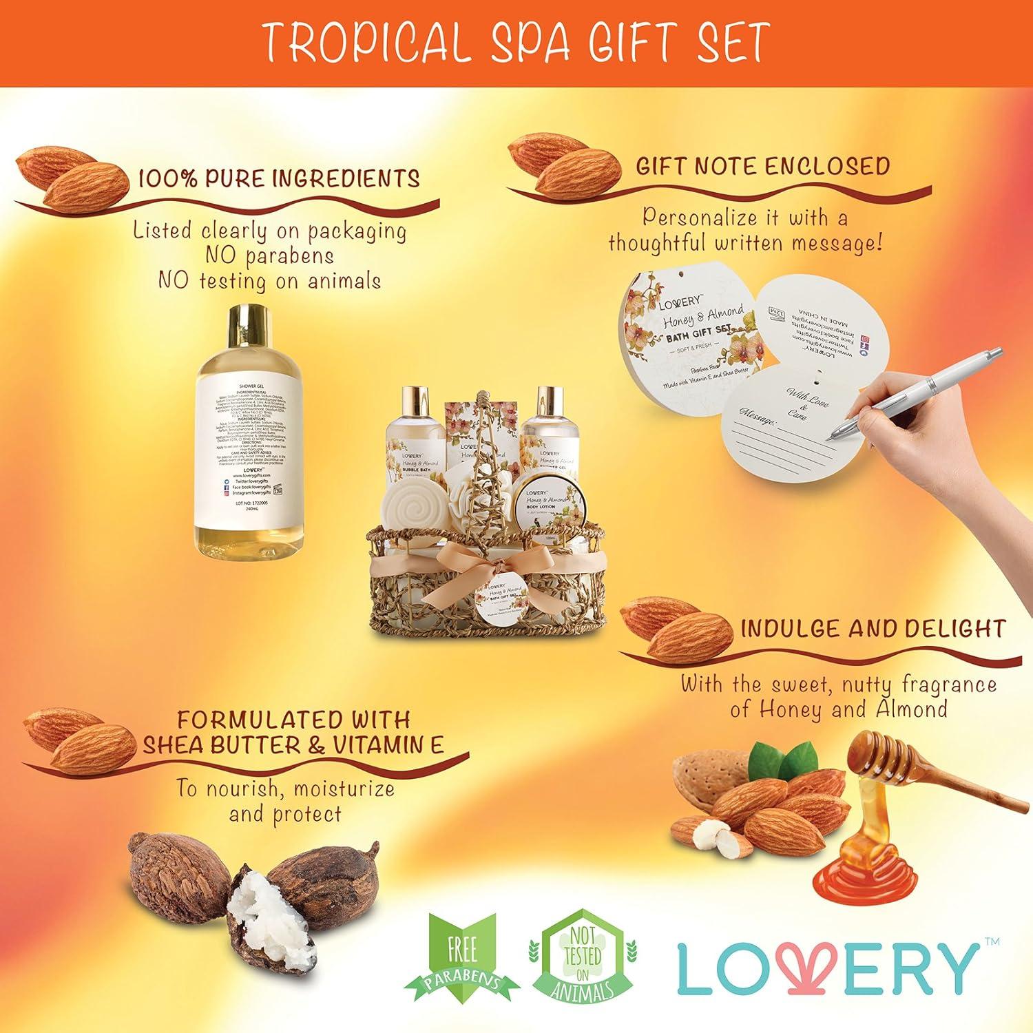 Cesta de Regalo Spa Lovery - Aroma Miel y Almendra, 7 Piezas