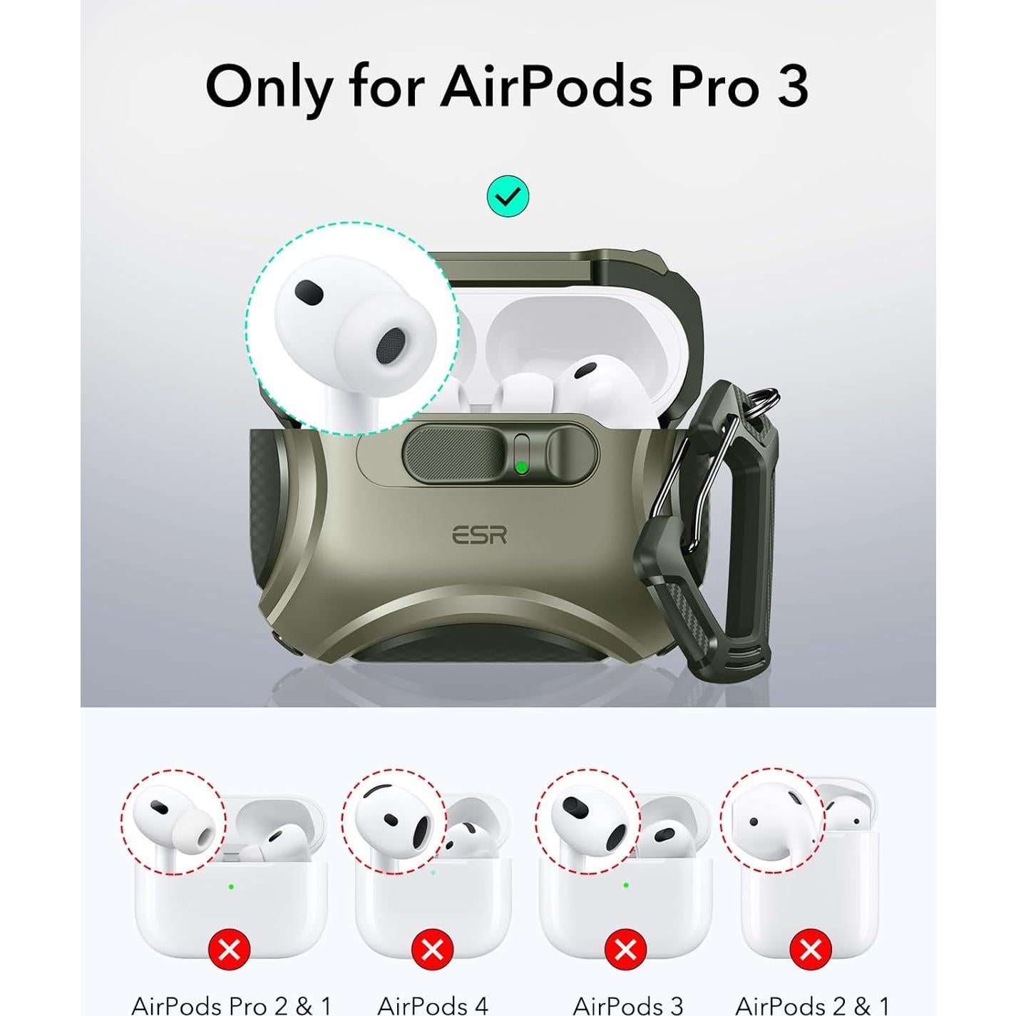 Funda de AirPods Pro 3 ESR Verde Militar con MagSafe y Protección