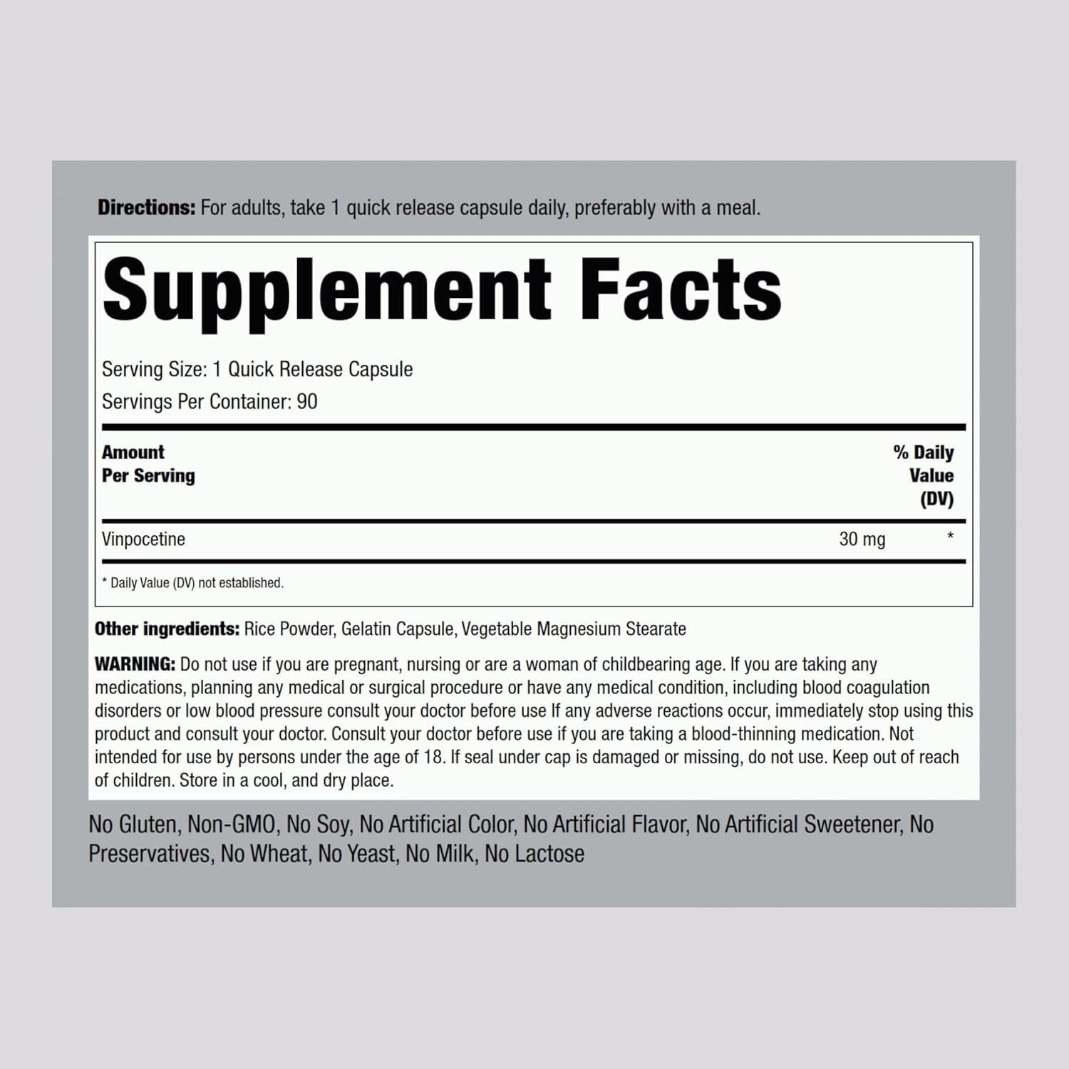 Suplemento Vinpocetina 30mg Piping Rock 90 Cápsulas No OGM