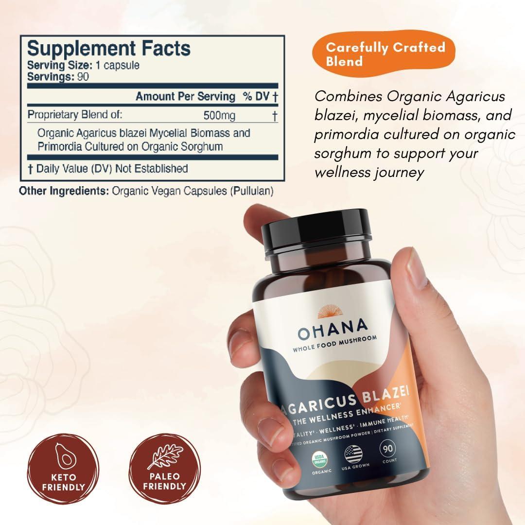 Suplemento Orgánico de Hongos Agaricus Blazei Ohana 90 Cápsulas