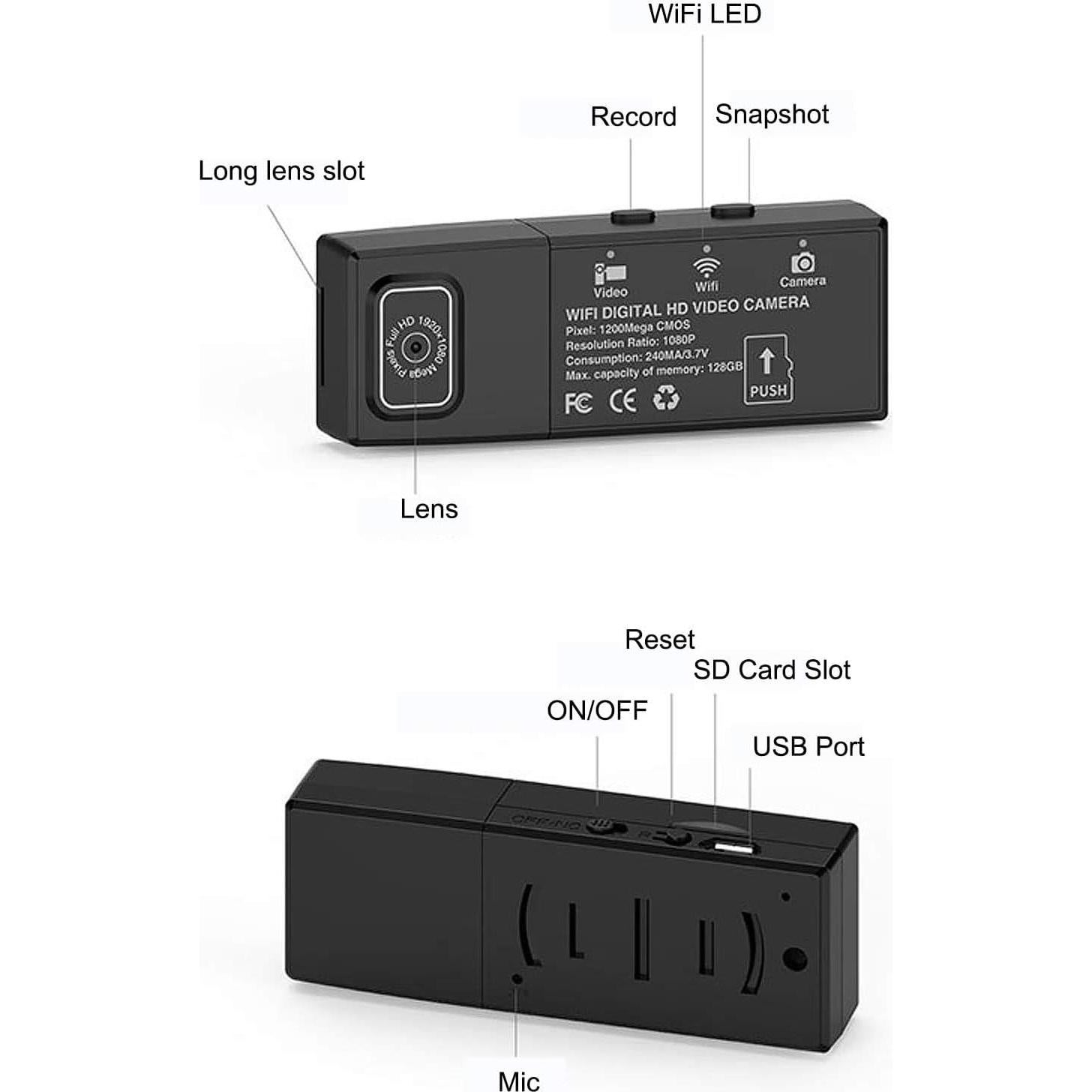 Mini Cámara Espía WiFi 1080P Portátil con Lente Extendida
