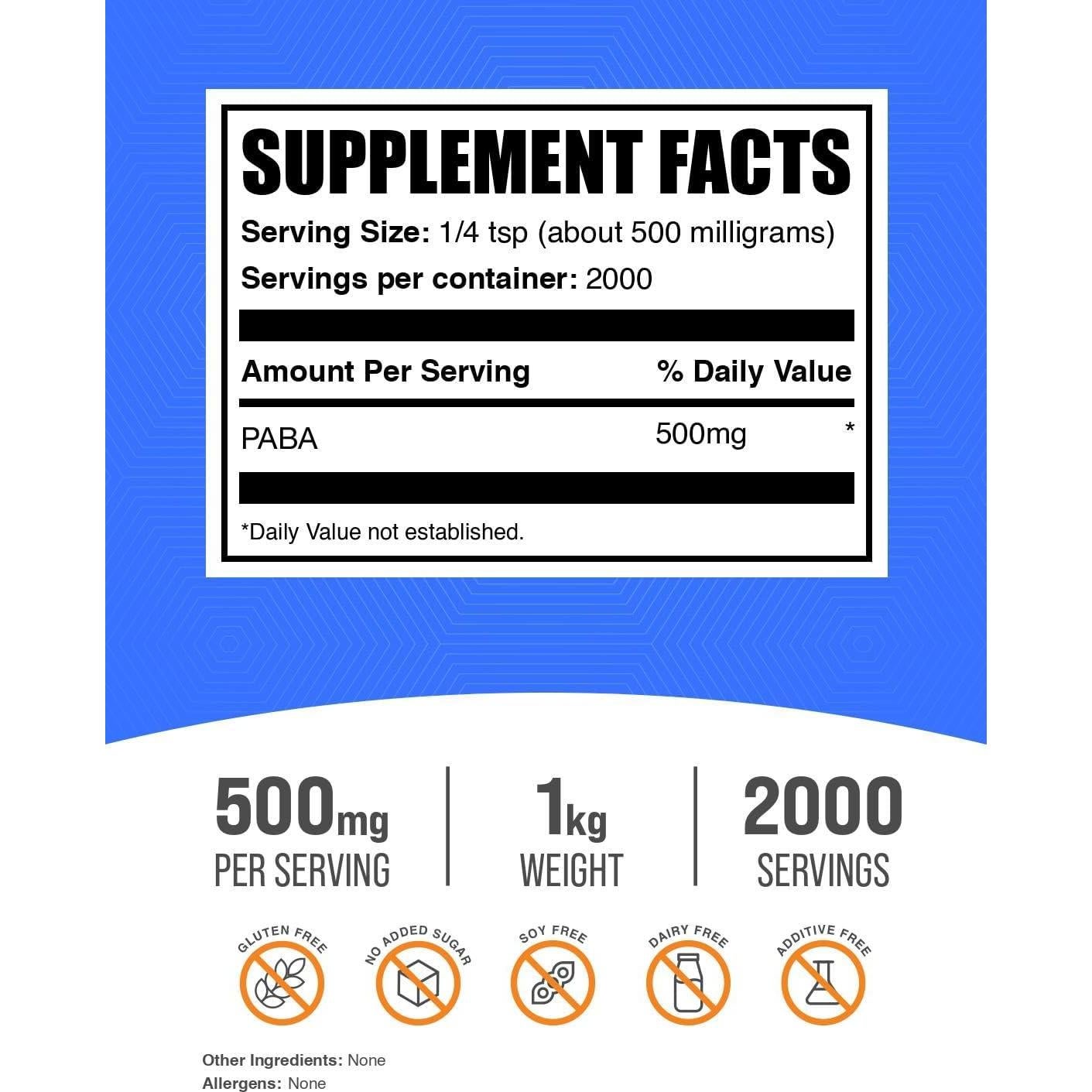 Polvo de PABA BulkSupplements 500mg - Suplemento Vegano 1kg