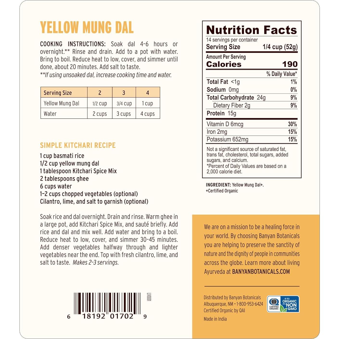 Mung Dal Amarillo Orgánico Banyan Botanicals 750g - Frijoles Mung Divididos