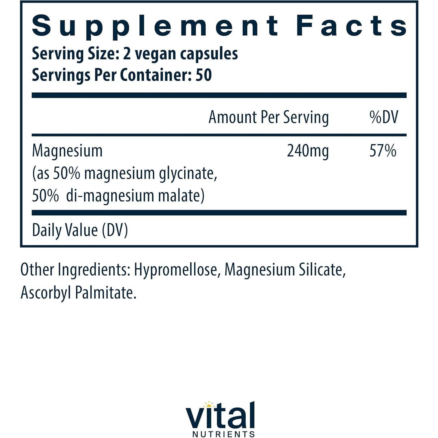 Suplemento de Magnesio Glicinato y Malato Vital Nutrients 100 Cápsulas