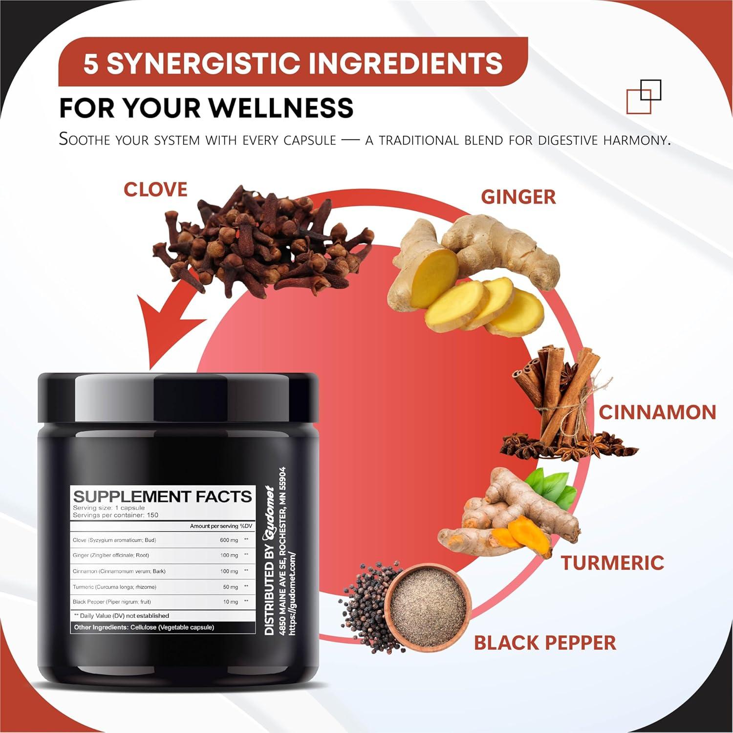 Suplemento Digestivo Gudomet con Clavos, Jengibre y Cúrcuma - 150 Cápsulas