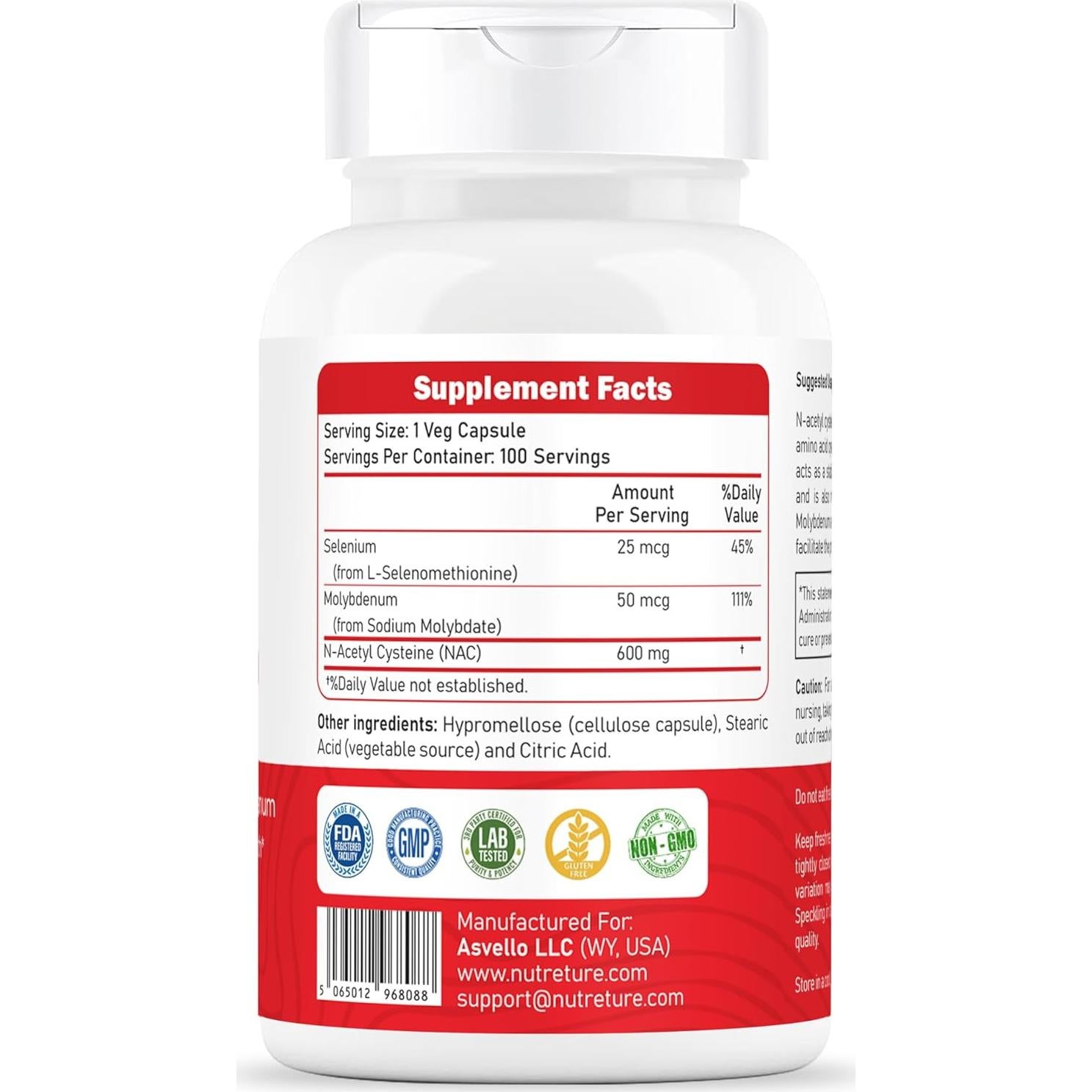 Suplemento NAC N-Acetil Cisteína 600 mg Nutreture 100 Cápsulas