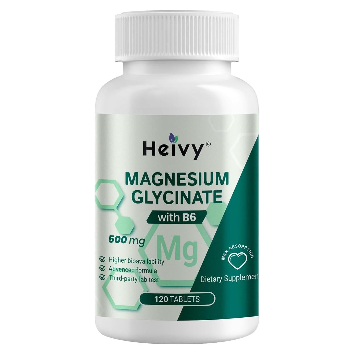 Suplemento de Glicinato de Magnesio Heivy 500mg + B6, 120 Tabletas