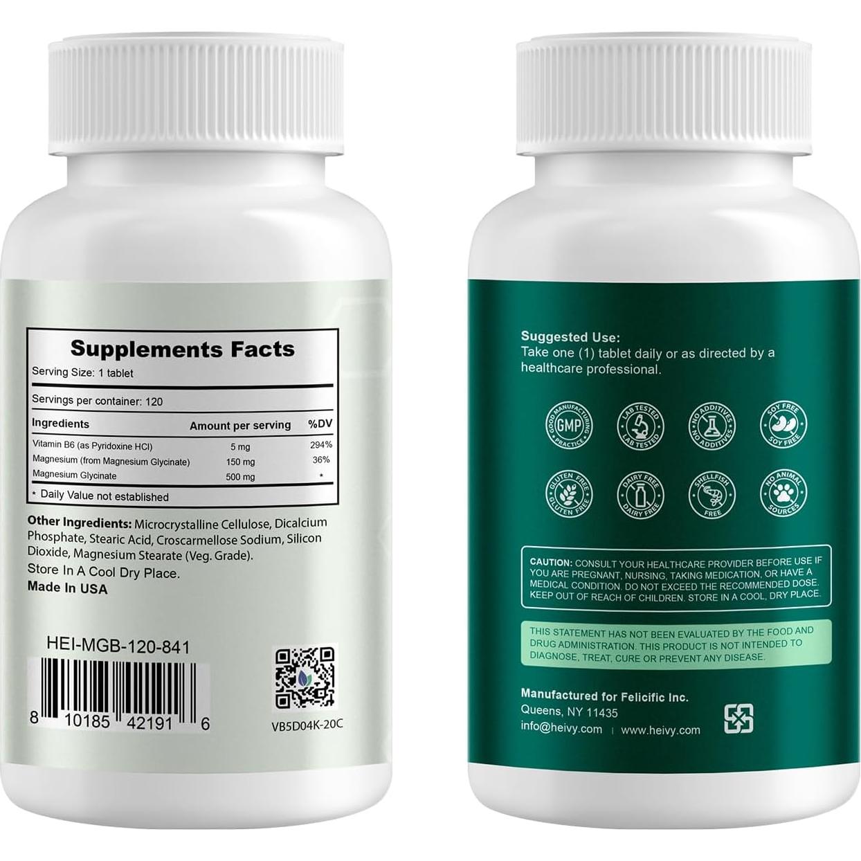 Suplemento de Glicinato de Magnesio Heivy 500mg + B6, 120 Tabletas